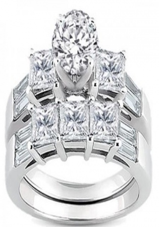 14k white gold round princess & baguette diamond ladies bridal 3 stone engagement ring wedding band set 3 1/10 ct