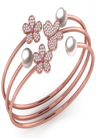 14k rose gold diamond and pink sapphire & white pearl butterfly flower bangle bracelet