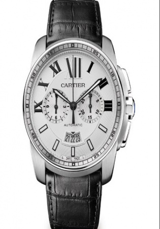 Calibre de cartier stainless steel & alligator chronograph strap watch