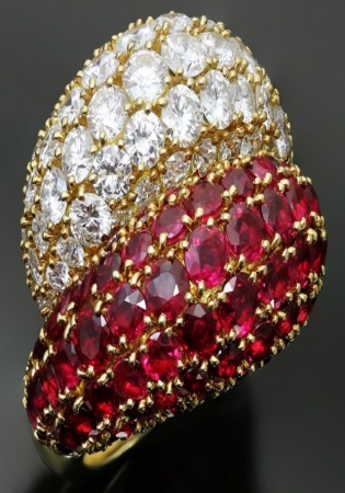 Van cleef & arpels double boule diamond ruby 18k yellow gold ring
