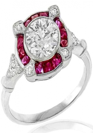 Art deco style gia certified 1.06ct round diamond ruby 18k white gold ring