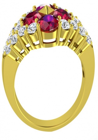 Van cleef & arpels design double boule diamond ruby cluster flower 18k yellow gold ring