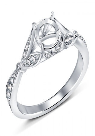 Vintage diamond engagement ring with leaf motif split shank in 14k white gold