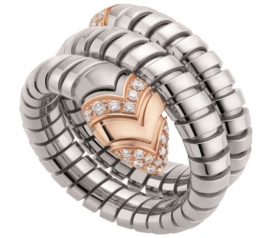 Bvlgari 18k rose gold diamond and steel serpenti ring H0