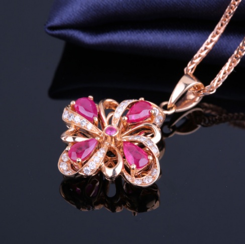 Ruby natural ruby flower for women 18k rose diamond pendant necklace H0