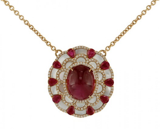 18k rose gold rubellite ruby diamond & mother of pearl bloom pendant necklace H0