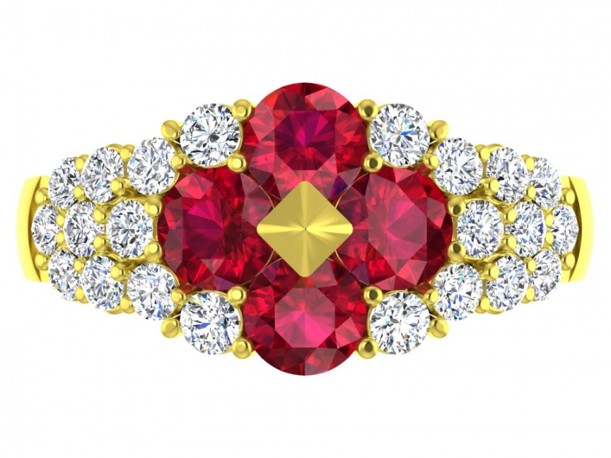 Van cleef & arpels design double boule diamond ruby cluster flower 18k yellow gold ring H0