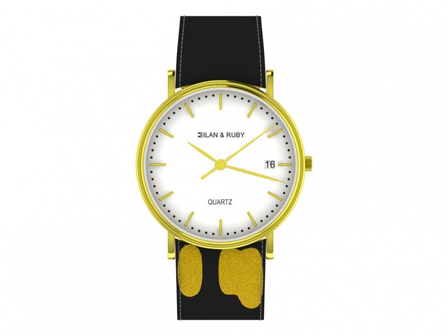 Milan & ruby 18k yellow gold white dial quartz men's watch H0