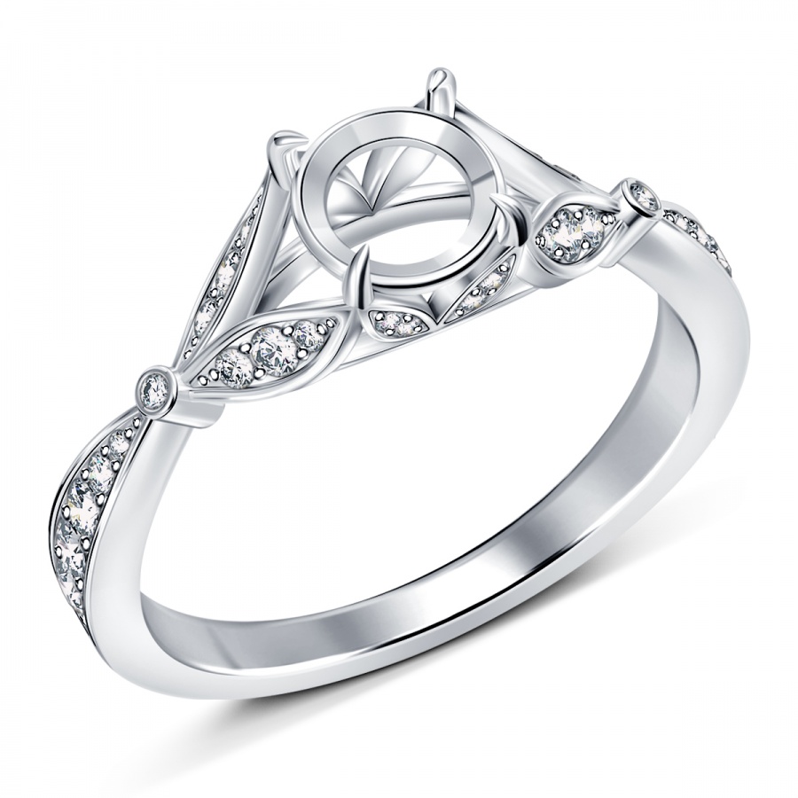 Vintage diamond engagement ring with leaf motif split shank in 14k white gold H0