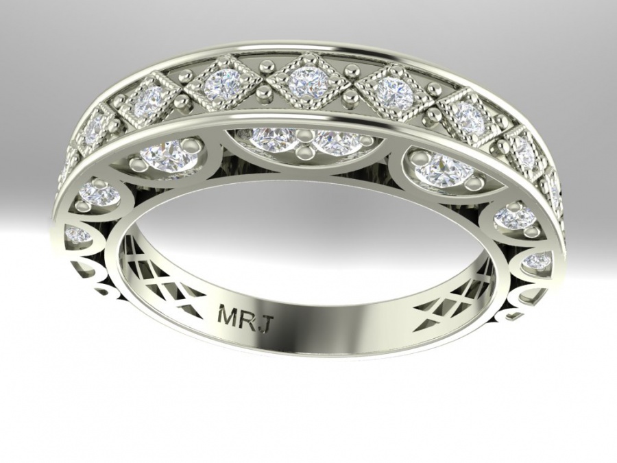 Milan & ruby pave diamond anniversary milgrain band style-vintage ring 14k gold white H0