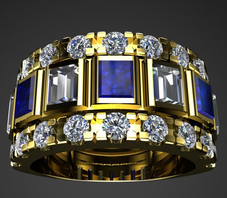 Mrj 18 karat gold diamond and sapphire princess band H0