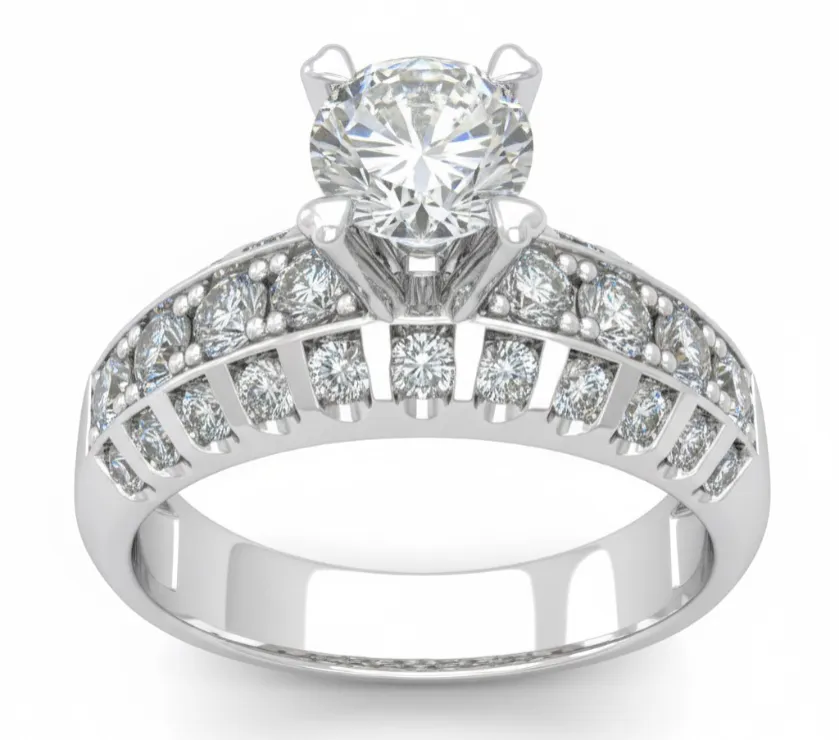 Modern Three Row Diamond Pavé Engagement Ring in 18K