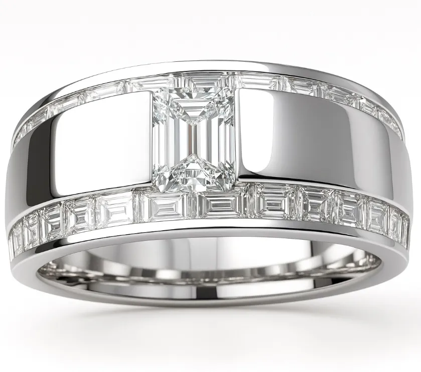 Channel Set Emerald Cut Half Eternity Wedding Band 18K