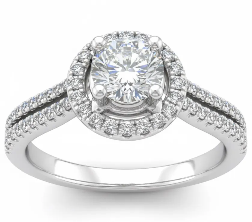 Halo Split Shank Pave Mini Engagement Ring 18K White Gold