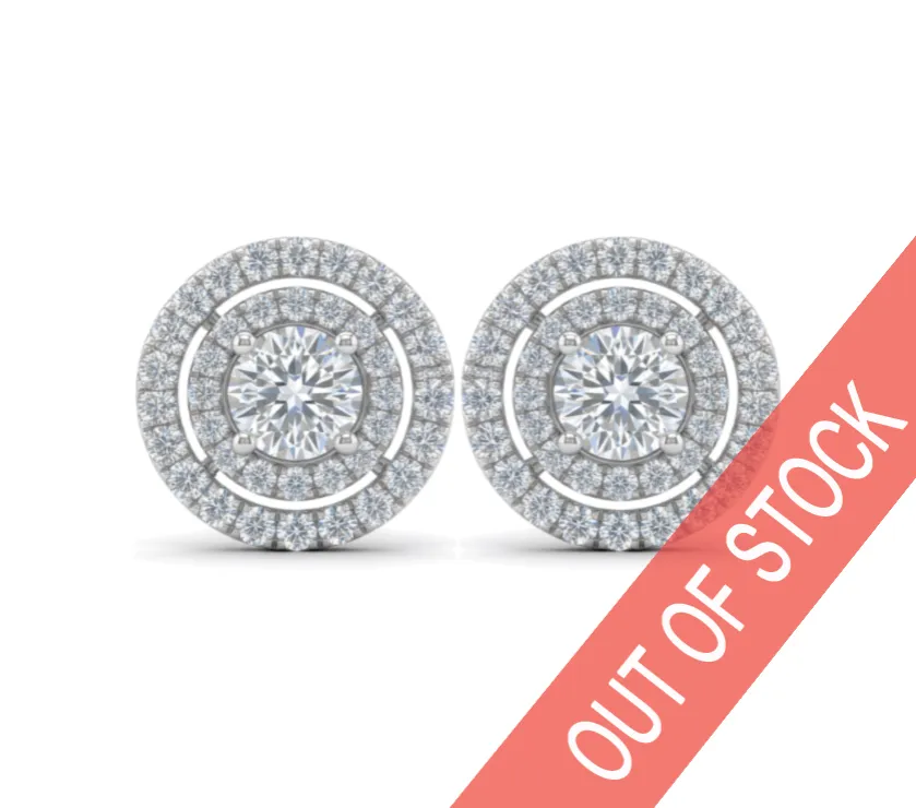 Round Brilliant Cut Diamond Double-Halo Earring in 18K White Gold