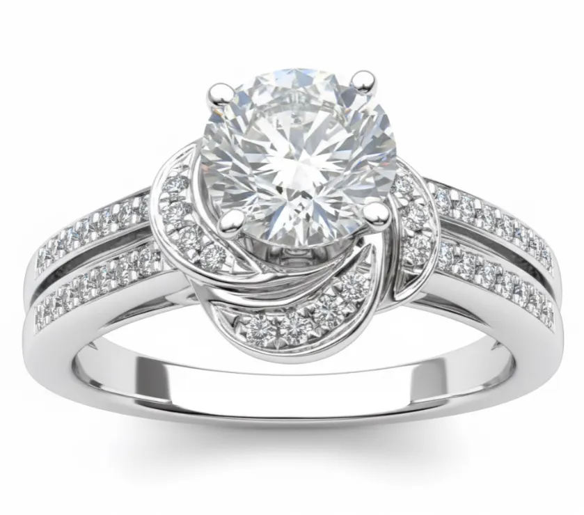 Unique Round Solitaire Floral Twist Halo Diamond Engagement Ring