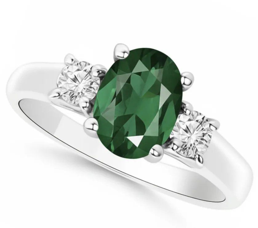 Oval Green Tourmaline & Diamond 3 Stone Engagement Ring 14K